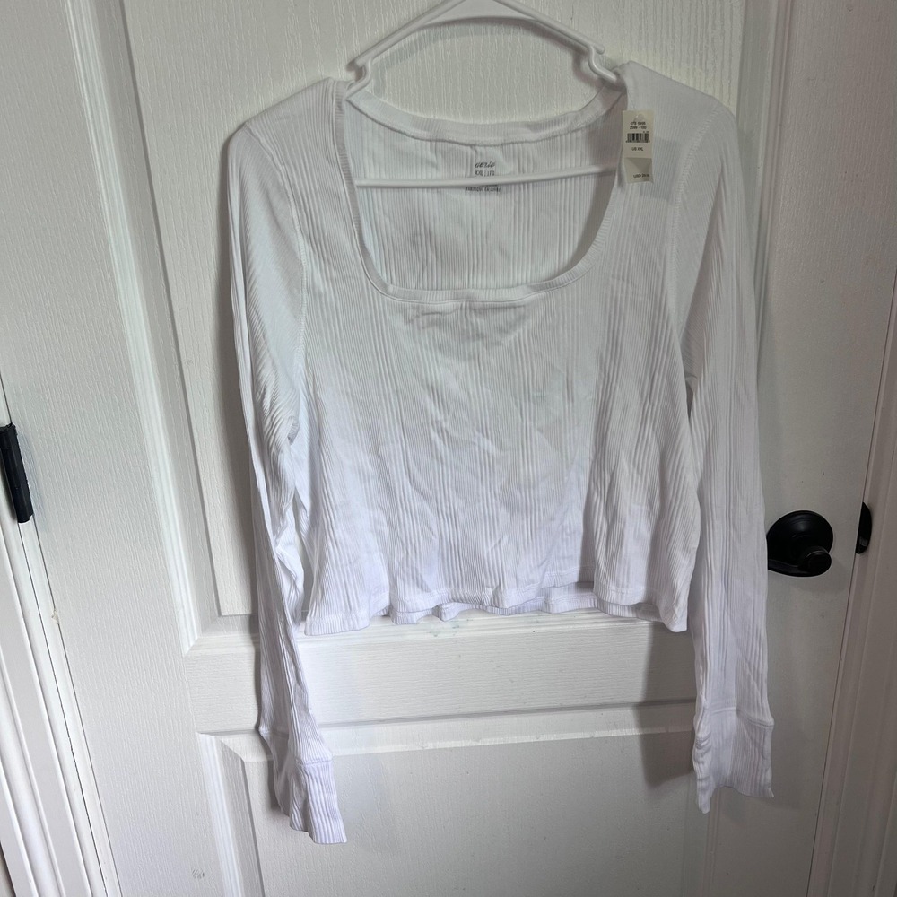 Aerie White Ribbed Square Neck Long Sleeve Top Size XXL 078-5495-2599-100 NWT